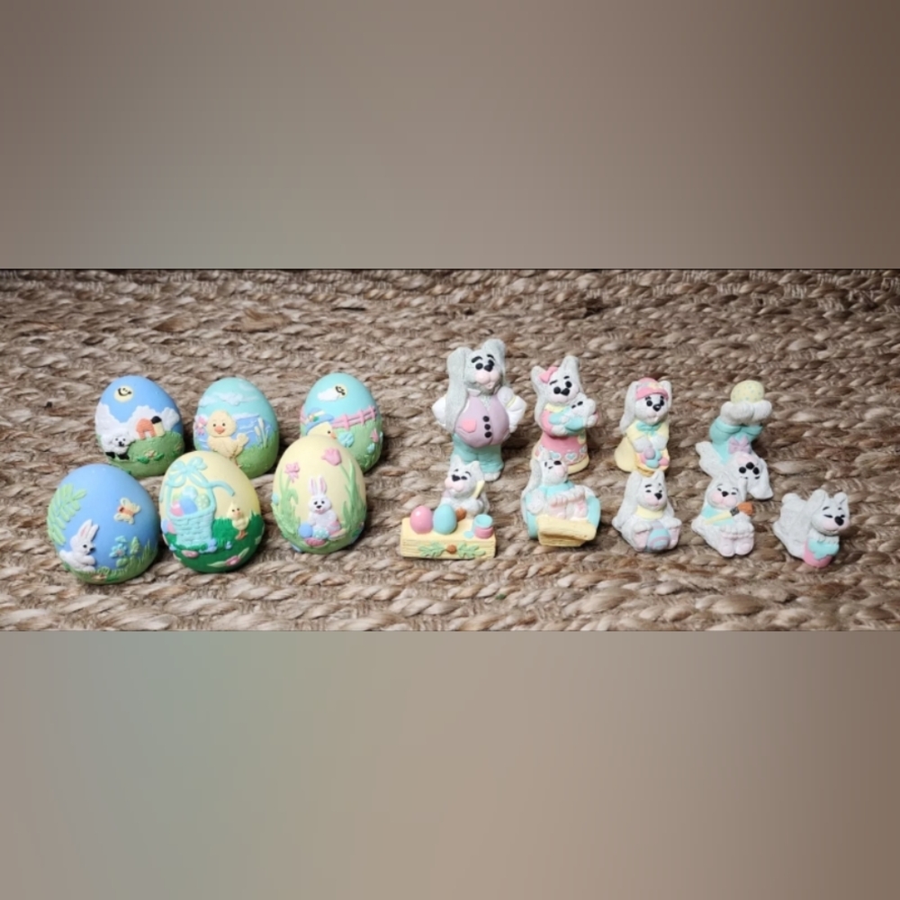 Vintage Wee Crafts Easter Egg Scenes Figurines Hand Painted Bunny Rabbits Decor